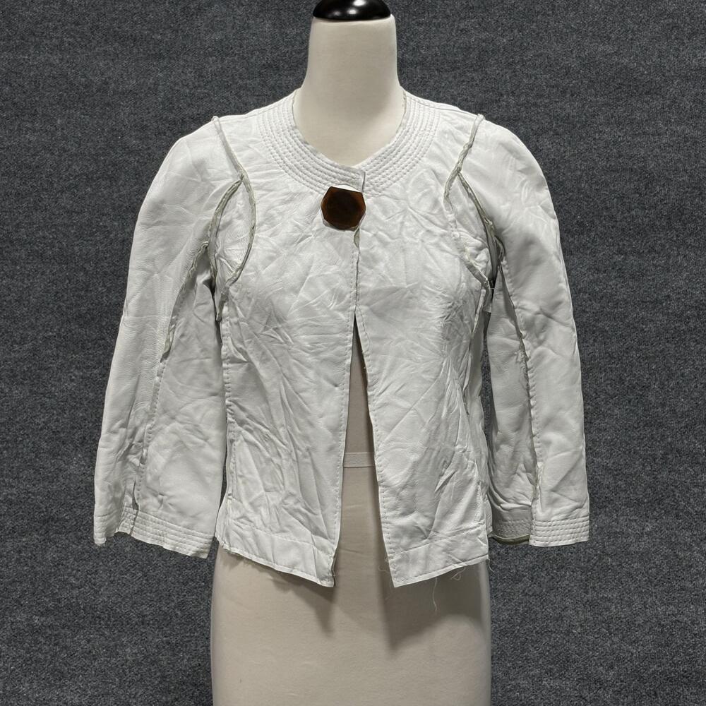 Poleci Jacket Womens 6 White Genuine Leather Snap Front Round Neck Lined 1L4907